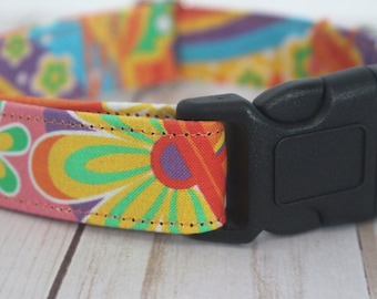 Psychedelic 1960's Dog Collar - Fun and Colorful Bold Flower Fabric 60s Pet Collar