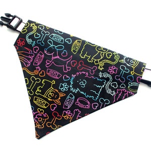 Love Dogs Black and Rainbow Over the Collar Dog Bandana - Dog Themed Drawings, Pawprints, Bones, Hearts