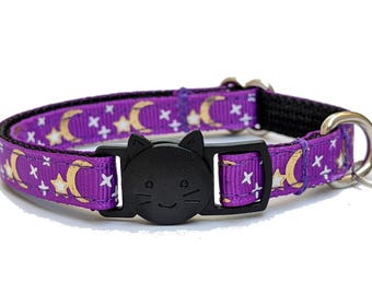 Purple Shiny Stars and Moons Cat Collar - Breakaway Galactic Collar With Removable Bell