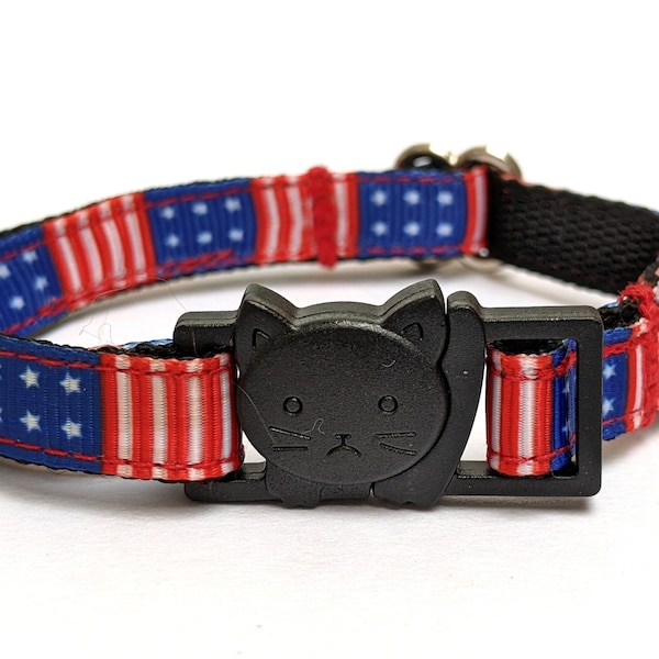 USA Flag Cat Collar - American Breakaway Cat Collar with Bell - Thin, Adjustable Pet Collar for Independence Day, 4th of July