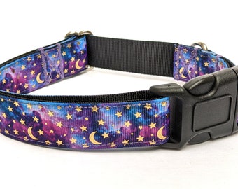 Galaxy Cosmos Dog Collar - Purple and Blue Moon and Stars Space Collar