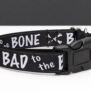 Black Bad to the Bone Dog Collar | Halloween Crossbones Pun Dog Collar