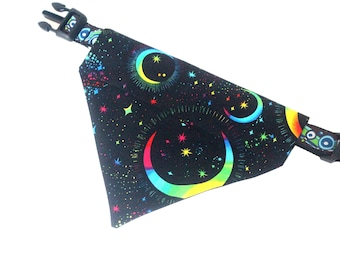 CLEARANCE Rainbow Moon and Stars in the Universe Bandana for Dogs and Cats - Over the Collar Space Galaxy Pet Bandana