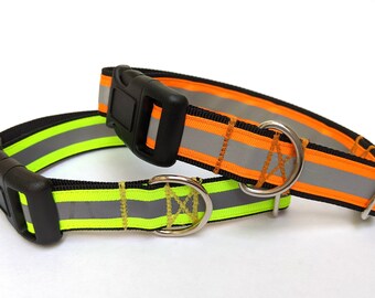 Reflective Dog Collar - Bright Orange or Neon Yellow - for Hiking, Night Walks, High Visibility, Safety Adjustable Pet Collar, Handmade