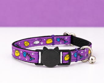 Purple Cat Collar - Mice, Bells, Fish, and Pawprints Breakaway Collar With Bell