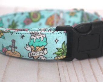 Food Tattoos Fabric Dog Collar - Blue Foodie Dog Handmade Collar