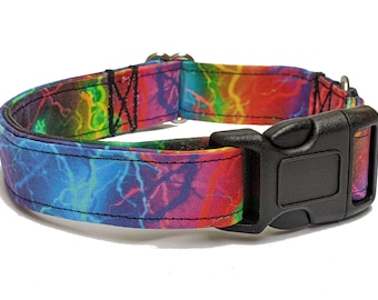 Rainbow Lightning Fabric Dog Collar - Colorful Thunderbolts Night Sky Collar With Blue, Red, Black, Pink, Green