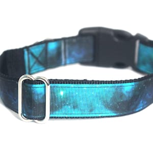 Turquoise Galaxy Dog Collar - Space Themed Teal and Black Universe, Glitter and Stars Pretty Handmade Adjustable Pet Collar