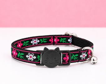 Embroidered Pink and White Flower Cat Collar | Floral Breakaway Collar + Bell