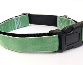 Mint Green Velvet Dog Collar - Soft Regal Handmade Luxury Unisex Pet Collar 1 Inch Width for Medium and Large Dogs