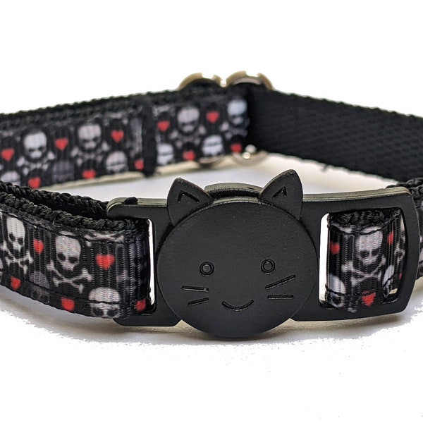 Skulls and Crossbones With Tiny Hearts Cat Collar - Breakaway Thin Kitty Collar With Bell for Kittens, Small, and Large Cats