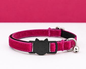 Dark Pink Velvet Cat Collar - Breakaway Kitty Safety Collar with Bell