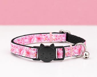 Cherry Blossom Cat Collar - Pink Flower Breakaway Kitty Collar With Bell