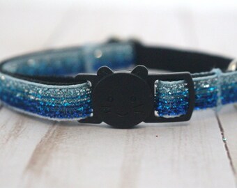 Sparkly Ocean Blue Cat Collar - Gradient Glitter Breakaway Kitty Collar With Removable Bell