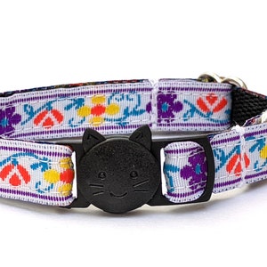 Embroidered Floral Cat Collar | Purple, Orange, Yellow on White | Flower Breakaway Collar | Adjustable Collar With Bell | Multiple Sizes
