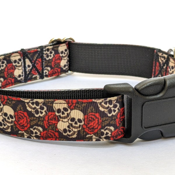 Skulls and Roses Dog Collar - Handmade Adjustable Collar