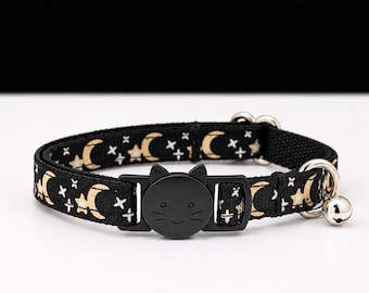 Shiny Moon and Stars Cat Collar - Silver + Gold on Black