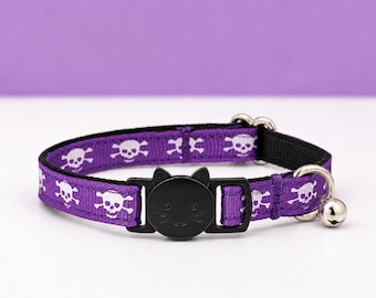 Purple Skulls and Crossbones Cat Collar | Gothic Skeleton Breakaway Kitty Collar + Bell