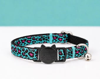 Teal and Pink Leopard Print Cat Collar | Breakaway Safety Collar + Bell