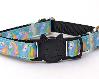 Magical Unicorn Cat Collar on Teal - Breakaway Collar With Removable Bell