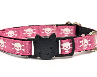 Pink Skulls and Crossbones Cat Collar - Handmade Breakaway Kitty Collar With Removable Bell