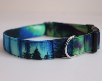 Northern Lights Aurora Dog Collar - Trees, Outdoors - Fabric Collar With Blue, Green, Orange Sky