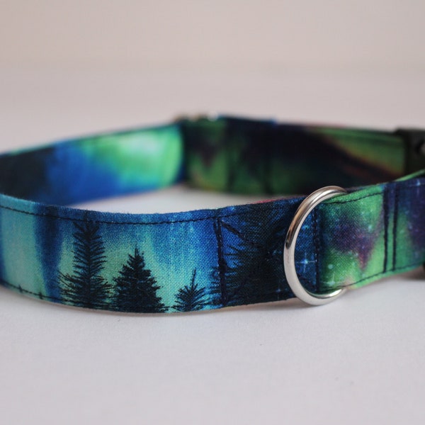 Northern Lights Aurora Dog Collar - Trees, Outdoors - Fabric Collar With Blue, Green, Orange Sky