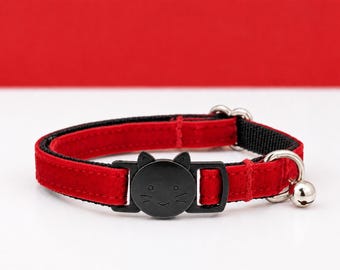 Red Velvet Cat Collar - Breakaway Safety Buckle, Adjustable with Bell