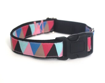 Pretty Triangles Dog Collar - Pink and Colorful Geometric Adjustable Pet Collar for Girl/Female Dogs