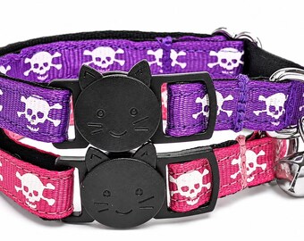 Pink and Purple Skull Cat Collars | Girly Gothic Breakaway Collar With Bell