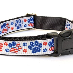 USA Patriotic Pawprints Dog Collar - America, Independence Day, 4th of July, Blue, Red, White, American Flag Stars and Stripes Dog Collar