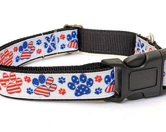 USA Patriotic Pawprints Dog Collar - America, Independence Day, 4th of July, Blue, Red, White, American Flag Stars and Stripes Dog Collar