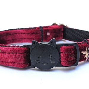 Red Velvet With Stars Cat Collar - Pretty Soft Breakaway Kitty Collar With Removable Bell