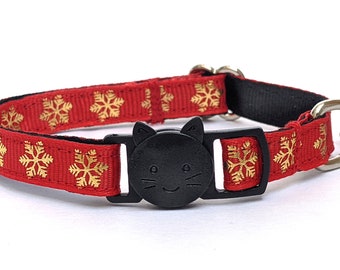 Gold Snowflakes on Red Cat Collar - Breakaway Holiday Christmas Collar With Removable Bell