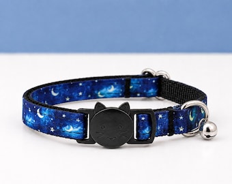 Galaxy Moons Cat Collar - Blue Cosmo Space Breakaway Collar With Bell for Kittens