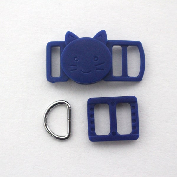 Blue 3/8 Inch Cat Collar Hardware Set - 10mm Breakaway Kit for DIY Cat or Kitten Collar- Plastic Breakaway Buckle, Tri Glide, D Ring