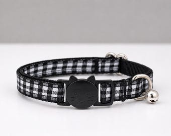 Black and White Plaid Cat Collar - Breakaway Kitty Collar with Bell