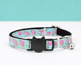 Floral Breakaway Cat Collar with Bell - Pink Flowers on Teal