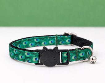 Peacock Feathers Cat Collar - Green Breakaway Kitty Collar With Bell