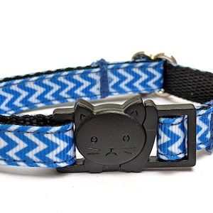 Blue Chevron Breakaway Cat Collar With Bell - Boy/Male Cat Collar with Cute Cat Shaped Safety Buckle
