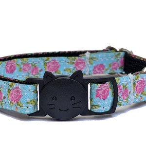 Floral Breakaway Cat Collar with Bell - Pink Flowers on Turquoise