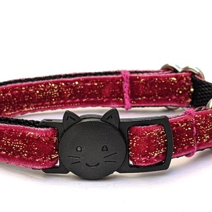 Dark Pink Sparkly Velvet Cat Collar | Glittery Soft Breakaway Cat Collar | Adjustable Collar With Removable Bell | 3 Sizes