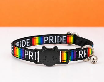 Pride Cat Collar | Rainbow on Black Breakaway Collar With Bell