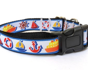Nautical Ships Dog Collar - Boating, Anchors, on the Water Handmade & Adjustable Pet Collar