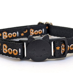 Boo! Halloween Cat Collar - Cute Orange and Black Breakaway Kitty Collar With Removable Bell