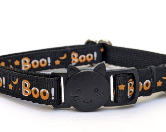 Boo! Halloween Cat Collar - Cute Orange and Black Breakaway Kitty Collar With Removable Bell