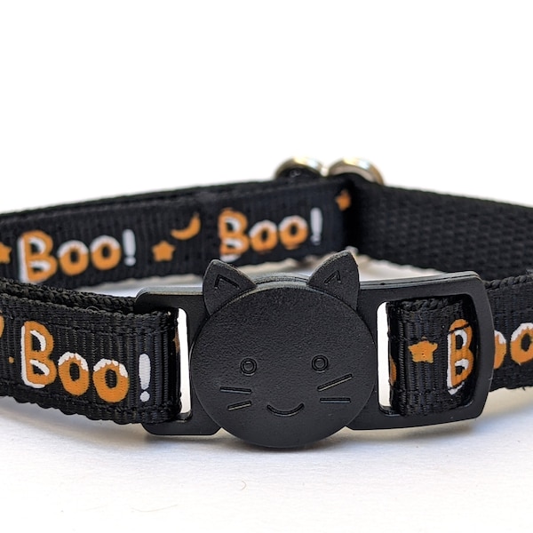 Boo! Halloween Cat Collar - Cute Orange and Black Breakaway Kitty Collar With Removable Bell