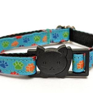 Pawprints Turquoise Cat Collar - Breakaway Collar With Bell, Thin Adjustable Safety Collar for Kittens, Large Cats or Small