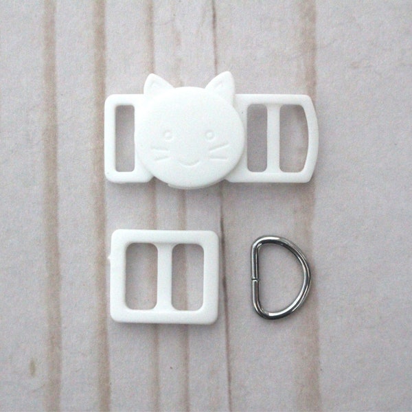 White 3/8 Inch Cat Collar Hardware Set - 10mm Breakaway Kit for DIY Cat or Kitten Collar- Plastic Breakaway Buckle, Tri Glide, D Ring