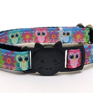 Cute Owls Cat Collar - Breakaway Kitty Collar with Bell - Thin Adjustable Safety Collar for Girls - Pink, Blue, Green Cartoon Owls